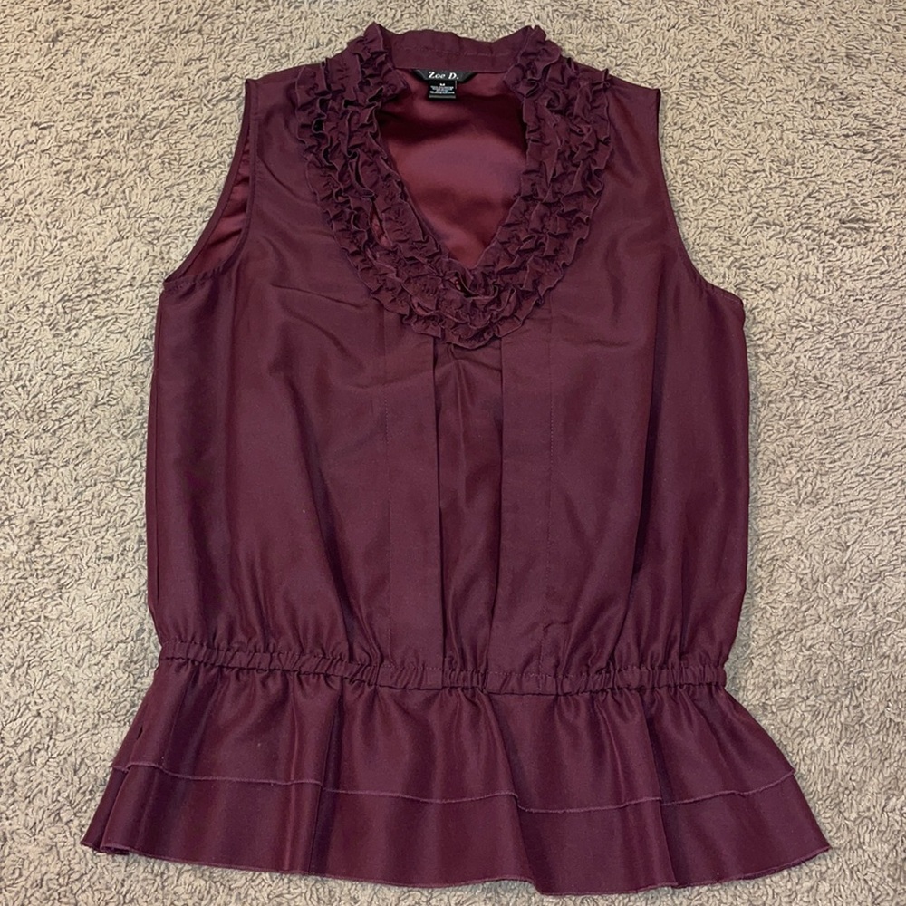 Boutique Burgundy Silky Ruffle Collar Sleeveless Blouse